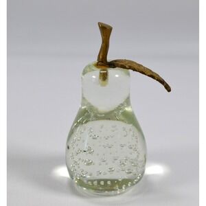 Vintage Clear Glass Pear‎ w/ Brass Stem Leaf  Controlled Bubbles Paperweight